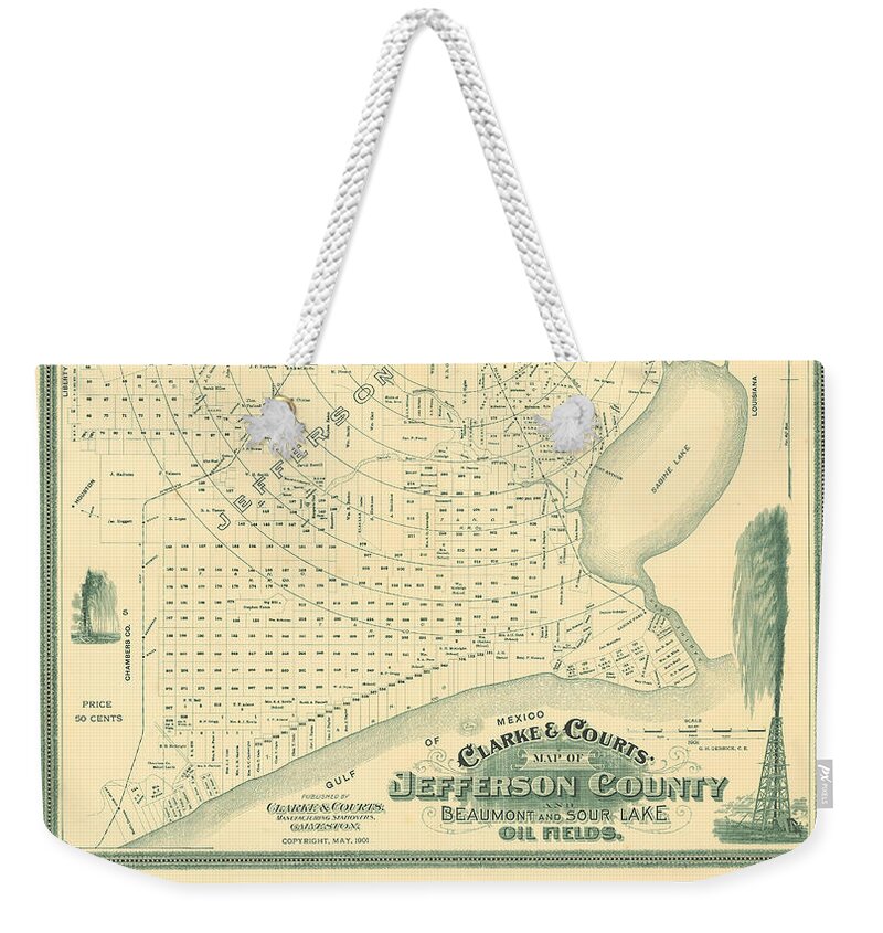 Map Weekender Tote Bag featuring the digital art Spindletop, Jefferson Co., Beaumont and Sour Lake Oil Fields 1901 by Texas Map Store