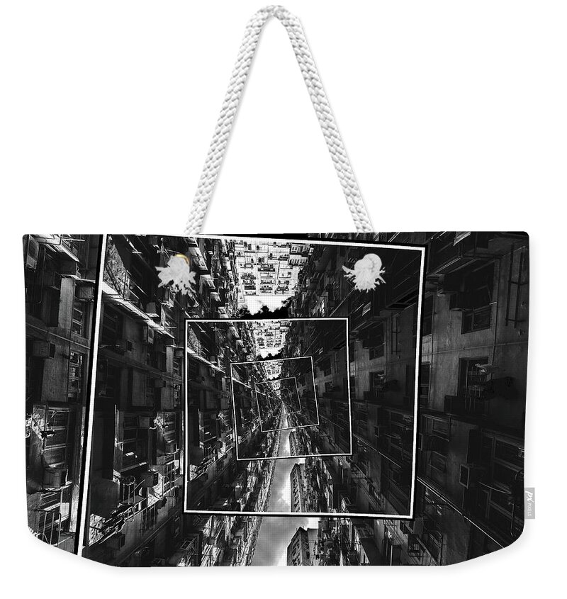 Black And White Weekender Tote Bag featuring the digital art Spinning City by Phil Perkins
