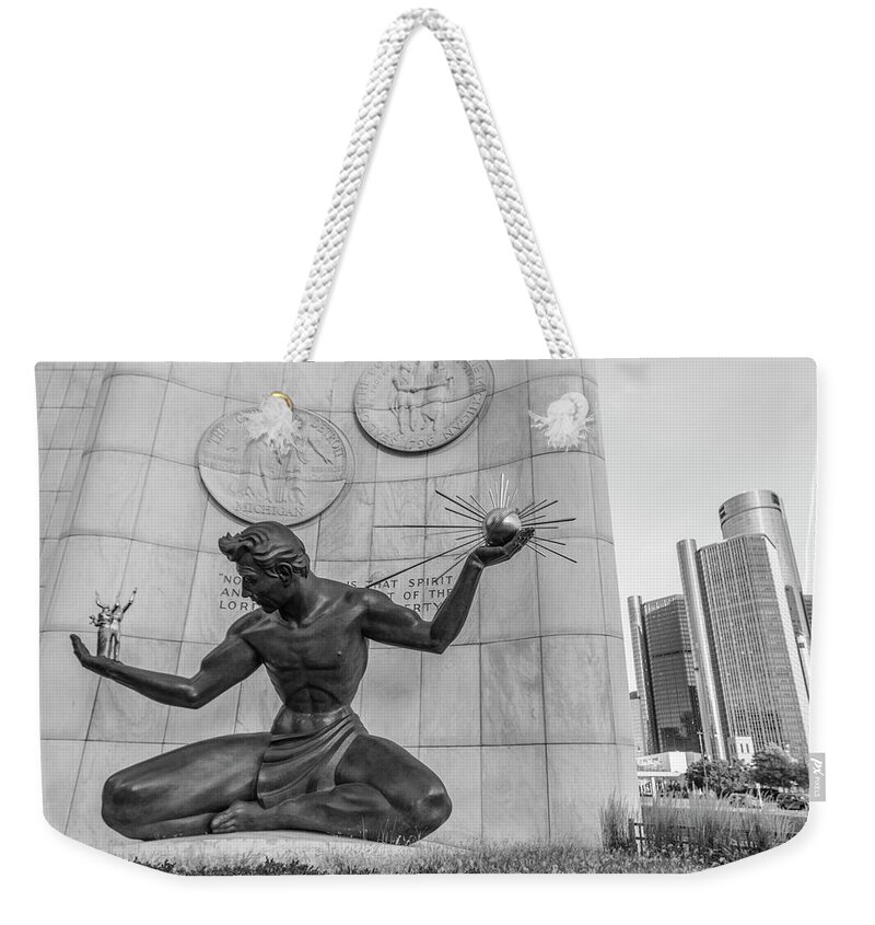 Detroit Weekender Tote Bag featuring the photograph Spirit of Detroit and Renaissance Center by John McGraw