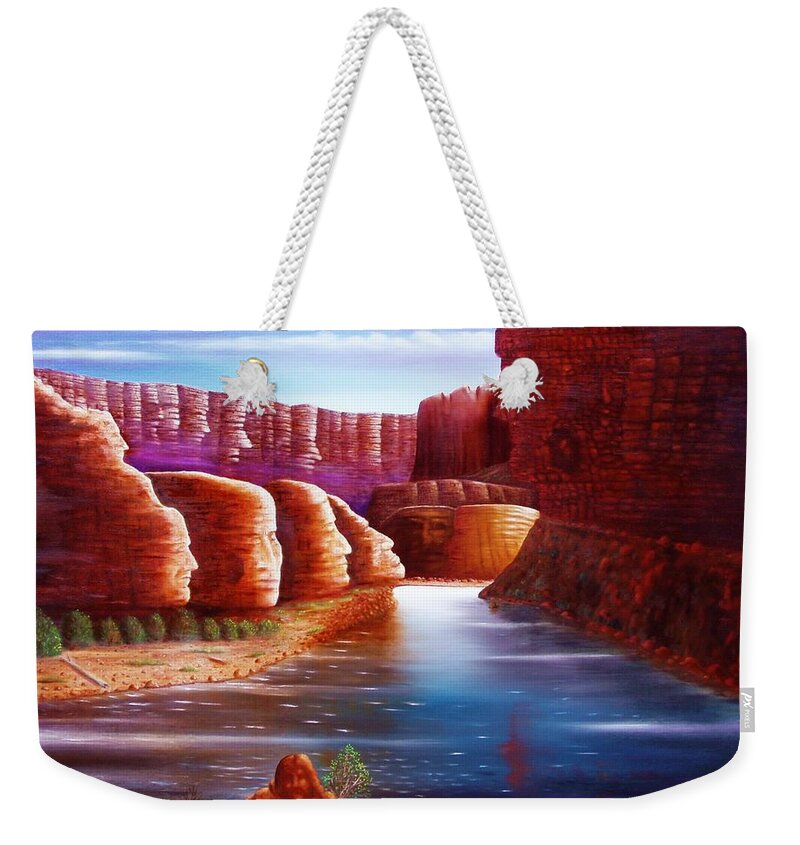 River... Images In The Rocks Weekender Tote Bag featuring the painting Spirits of the river by Gene Gregory