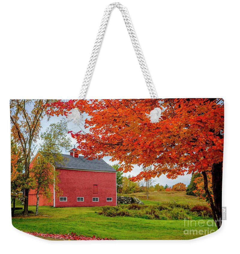 Red Weekender Tote Bag featuring the photograph Splendid Red Barn in the Fall by Alana Ranney