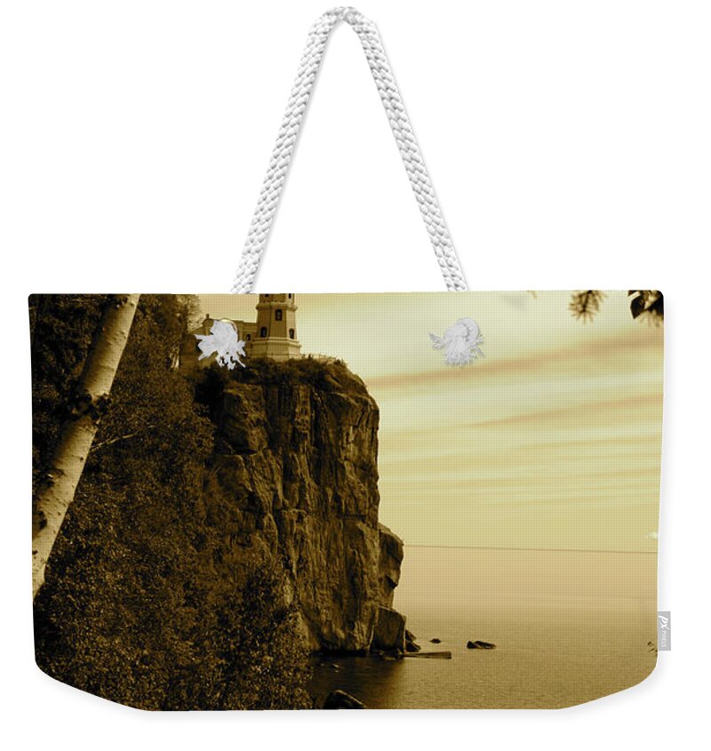 Lighthouse Weekender Tote Bag featuring the photograph Split Rock by Becqi Sherman