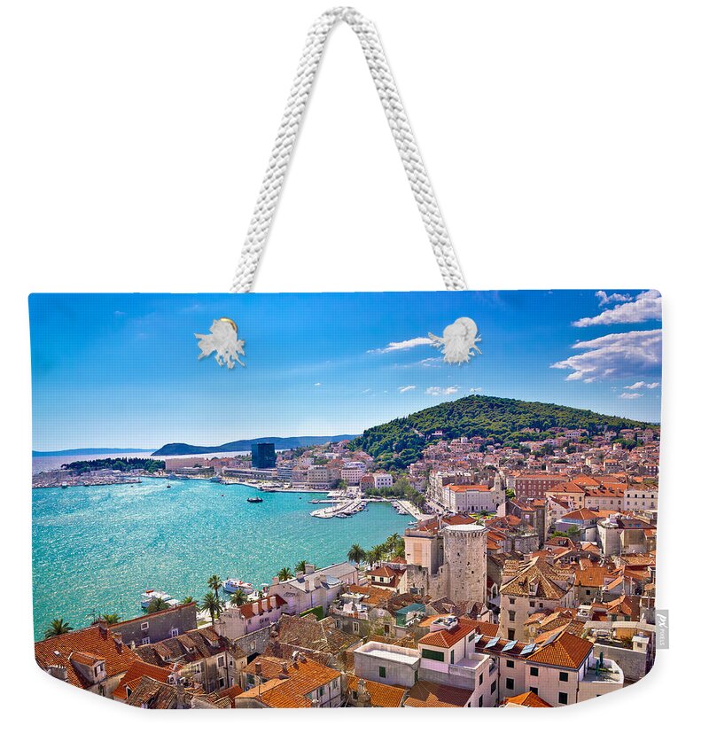 Aerial Weekender Tote Bag featuring the photograph Split waterfront and Marjan hill view by Brch Photography