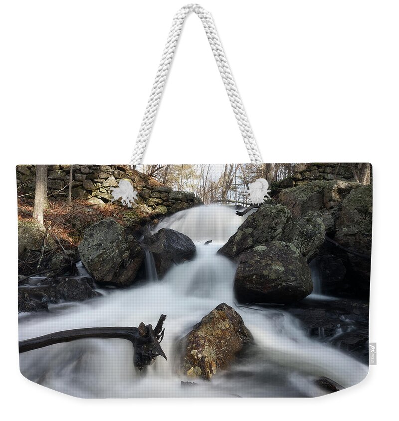Rutland Ma Mass Massachusetts Waterfall Water Falls Nature New England Newengland Outside Outdoors Natural Old Mill Site Woods Forest Secluded Hidden Secret Dreamy Long Exposure Brian Hale Brianhalephoto Peaceful Serene Serenity Splits Tree Logs Divide Weekender Tote Bag featuring the photograph Splits by Brian Hale