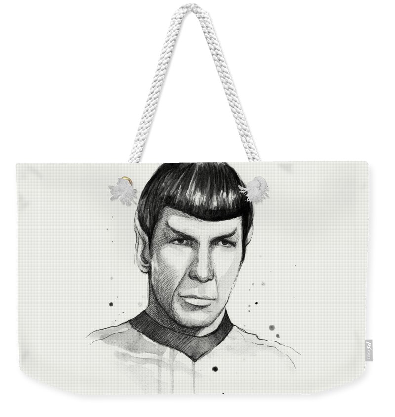 Star Trek Weekender Tote Bag featuring the painting Spock Watercolor Portrait by Olga Shvartsur