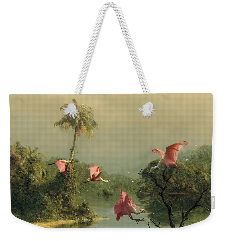 Birds Weekender Tote Bag featuring the digital art Spoonbills in the Mist by M Spadecaller