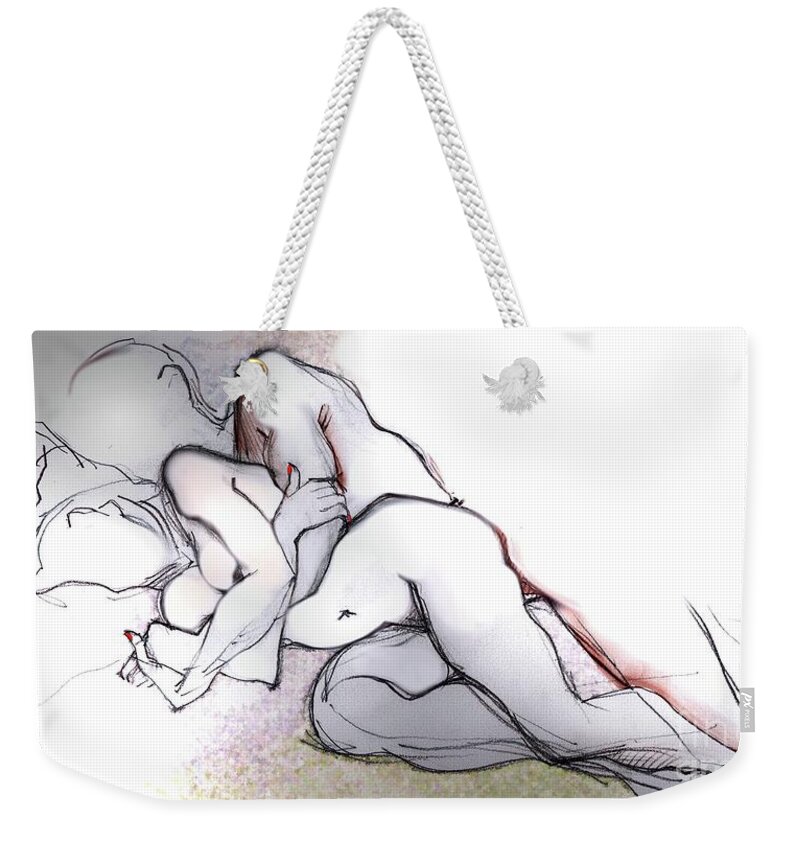 Romantic Weekender Tote Bag featuring the mixed media Spooning - Loving Couple by Carolyn Weltman