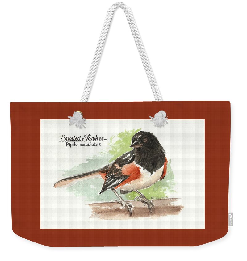 Birds Weekender Tote Bag featuring the painting Spotted Towhee by Rowena Finn
