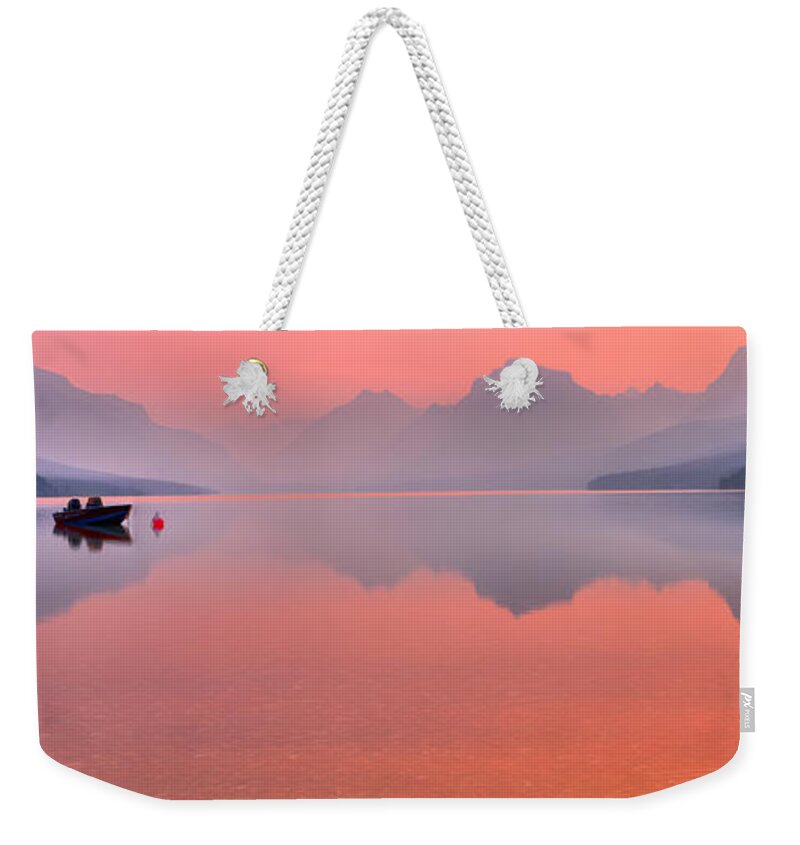 Lake Mcdonald Weekender Tote Bag featuring the photograph Sprague Fire Smokey Reflections by Adam Jewell