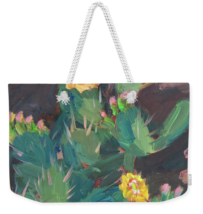 Desert Weekender Tote Bag featuring the painting Spring and Prickly Pear Cactus by Diane McClary