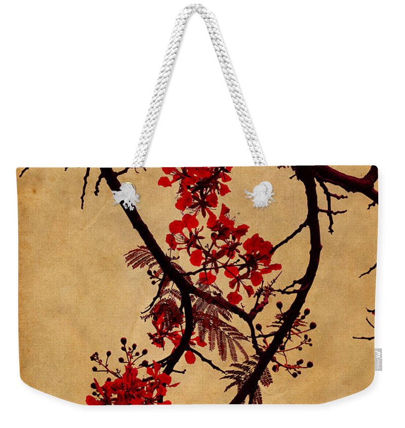 Spring Weekender Tote Bag featuring the photograph Spring Bloosom in Maldives. Flamboyant Tree I. Japanese Style by Jenny Rainbow