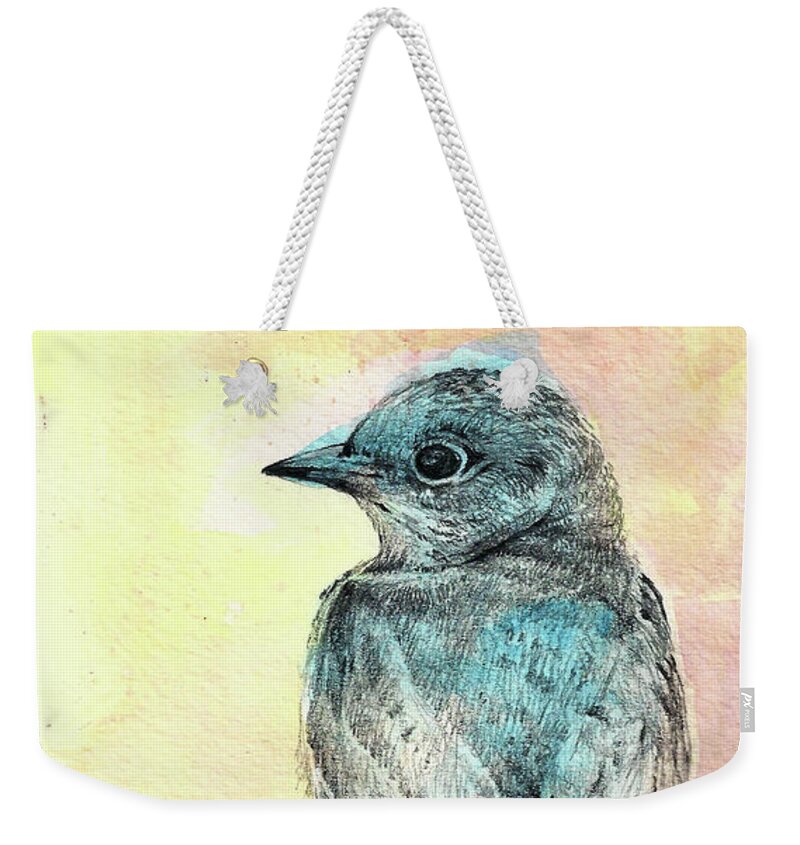 Bluebird Weekender Tote Bag featuring the mixed media Spring Bluebird by AnneMarie Welsh