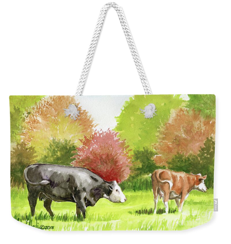 Cows Weekender Tote Bag featuring the painting Spring Morning Graze by Linda L Martin