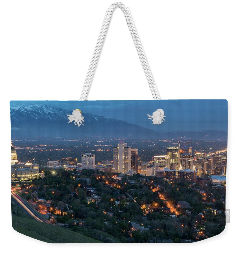 Salt Lake City Weekender Tote Bag featuring the photograph Spring Night in Salt Lake City by James Udall