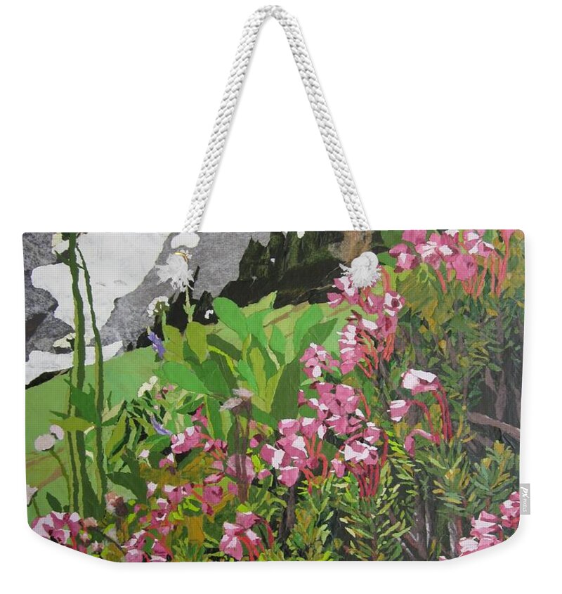 Floral Weekender Tote Bag featuring the painting Spring on Mount Rainier by Leah Tomaino
