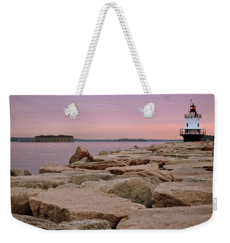 Spring Point Ledge Lighthouse Weekender Tote Bag featuring the photograph Spring Point and Fort Gorges by Colleen Phaedra