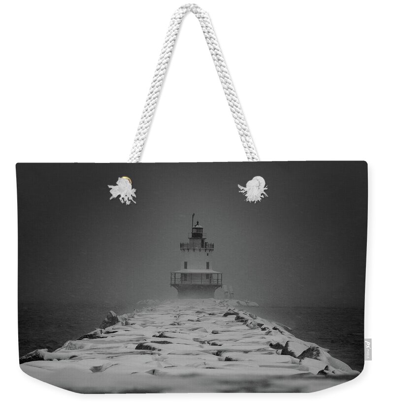 Sprint Point Weekender Tote Bag featuring the photograph Spring Point Ledge Lighthouse Blizzard in Black n White by Darryl Hendricks