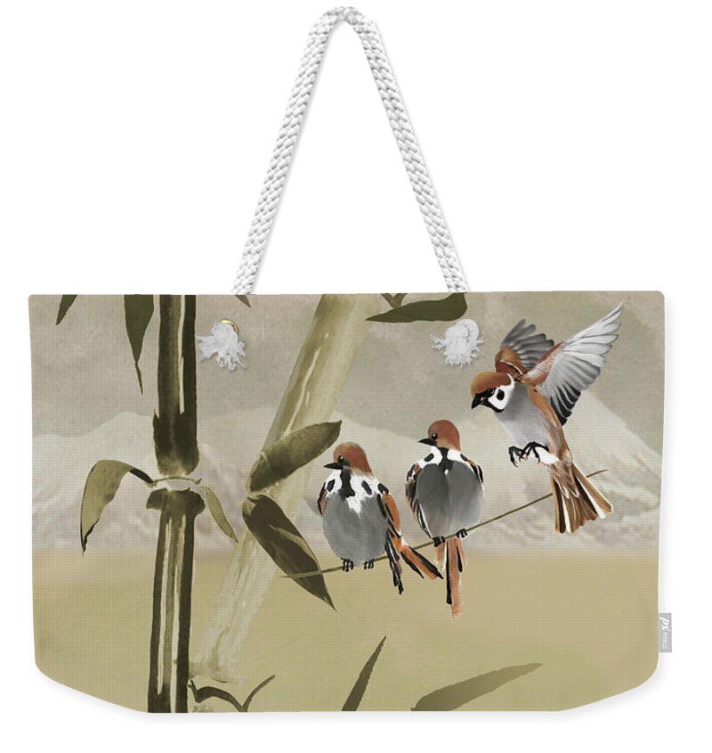 Bamboo Weekender Tote Bag featuring the digital art Spring Sparrows in Bambboo Tree by M Spadecaller