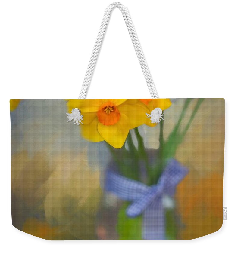Daffodils Weekender Tote Bag featuring the mixed media Spring Still Life by Eva Lechner