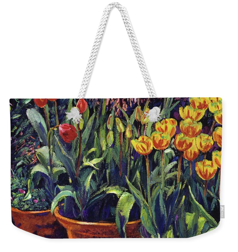 Gardens Weekender Tote Bag featuring the painting Spring Tulip Pots by David Lloyd Glover