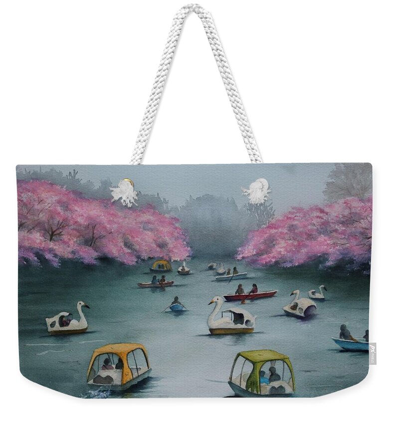 Sakura Weekender Tote Bag featuring the painting Springtime Fun at Inokashira by Kelly Miyuki Kimura