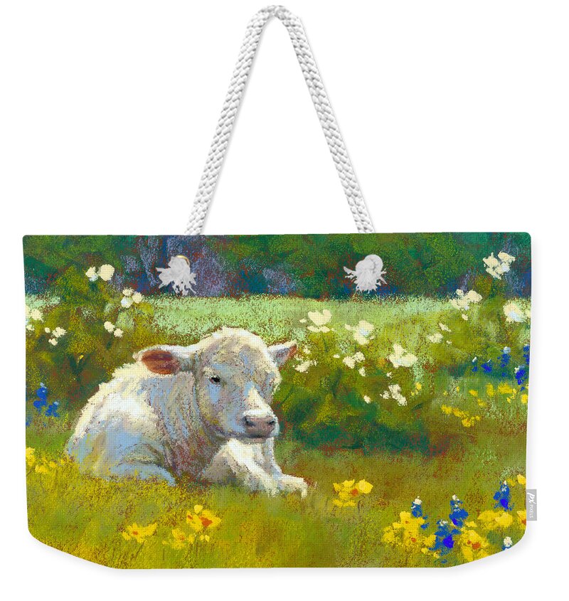 Cow Weekender Tote Bag featuring the pastel Springtime in Texas by Rita Kirkman