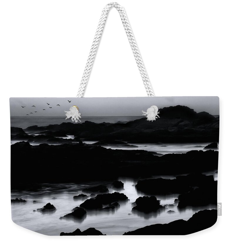 Pelicans Weekender Tote Bag featuring the photograph Squadron of Pelicans At Dusk by Lawrence Knutsson