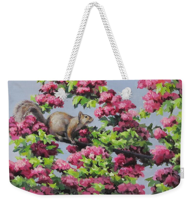 Squirrel Weekender Tote Bag featuring the painting Squirrel in the Blossoms by Karen Ilari