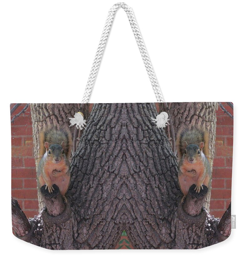 Squirrels Weekender Tote Bag featuring the digital art Squirrels in a Tree with Hands on Their Hearts by Julia L Wright