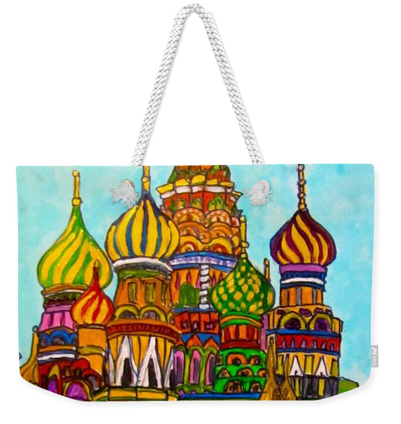 Church Weekender Tote Bag featuring the painting St Basils Moscow...Wait What's That by Barbara O'Toole