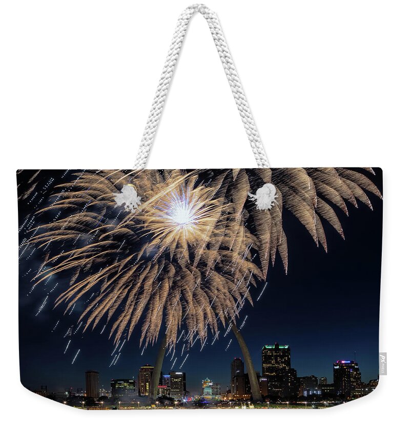 Fireworks Weekender Tote Bag featuring the photograph St Louis Celebration by Susan Rissi Tregoning