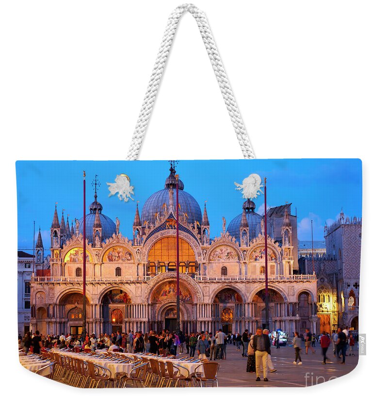 St Mark's Square Weekender Tote Bag featuring the photograph St Mark's Square and the Basilica at night in Venice by Louise Heusinkveld