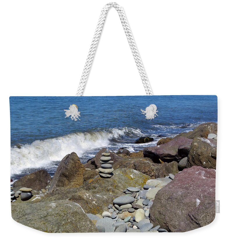 Stacked Rocks Weekender Tote Bag featuring the photograph Stacked against the Waves by Tikvah's Hope