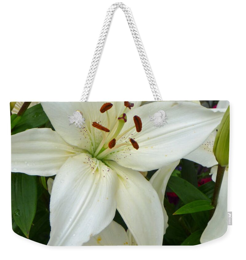 Lily Weekender Tote Bag featuring the photograph Stacked White Lilies by Sonya Chalmers