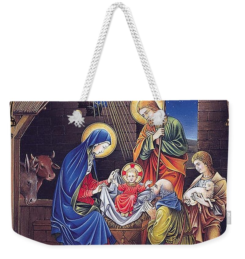 Nativity Weekender Tote Bag featuring the painting Stained Glass Nativity by Artist Unknown