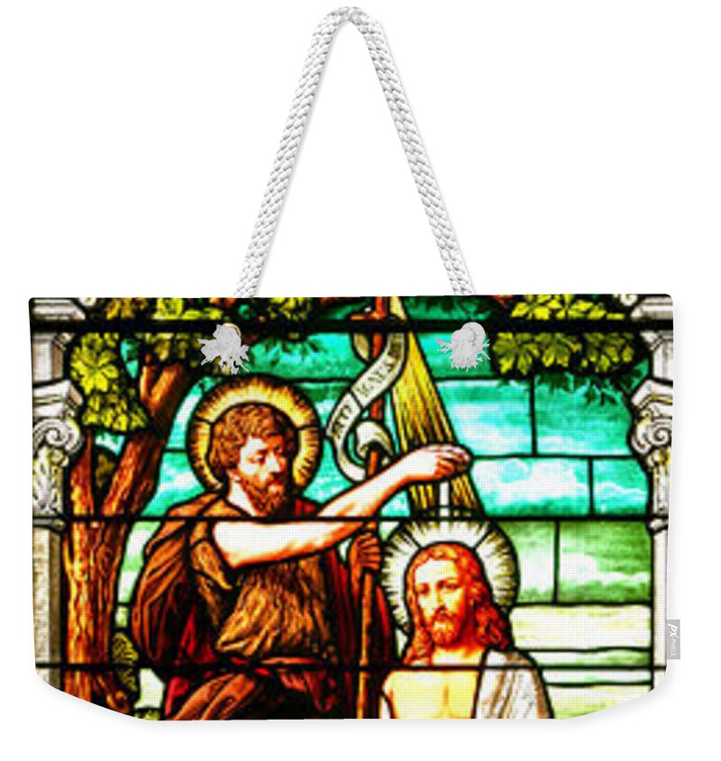 Cathedral Of The Plains Weekender Tote Bag featuring the photograph Stained Glass Scene 2 Crop by Adam Jewell