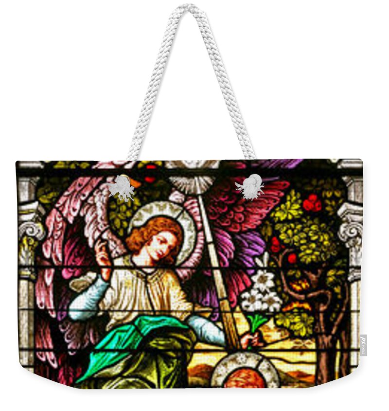 Cathedral Of The Plains Weekender Tote Bag featuring the photograph Stained Glass Scene 5 Crop by Adam Jewell