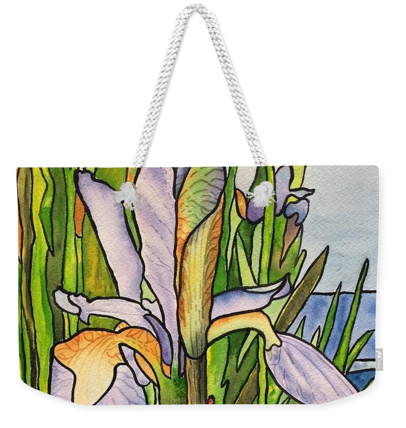 Iris Weekender Tote Bag featuring the painting Stained Iris by Sonja Jones