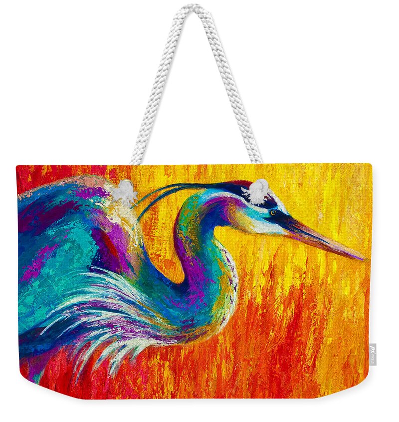Heron Weekender Tote Bag featuring the painting Stalking The Marsh - Great Blue Heron by Marion Rose