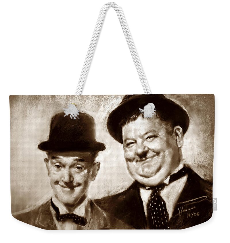Stan Laurel Weekender Tote Bag featuring the drawing Stan Laurel Oliver Hardy by Ylli Haruni