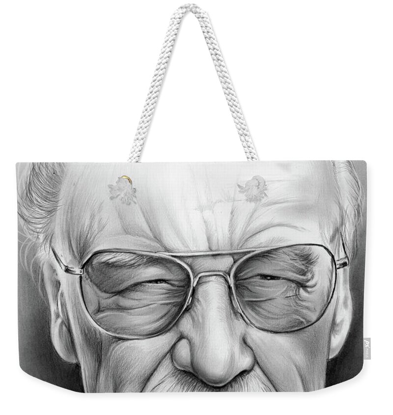 Stan Lee Weekender Tote Bag featuring the drawing Stan Lee by Greg Joens