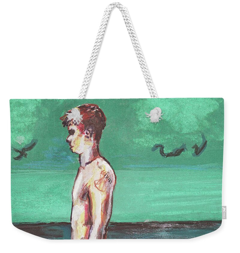 Nude Figure Weekender Tote Bag featuring the painting Standig on a Cold Beach with Hesitation by Rene Capone