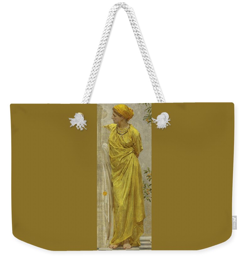 Albert Joseph Moore Weekender Tote Bag featuring the painting Standing Figure in Yellow and Orange Study for Topaz by Albert Joseph Moore