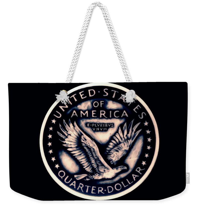 Coin Weekender Tote Bag featuring the drawing Standing Liberty Reverse by Fred Larucci