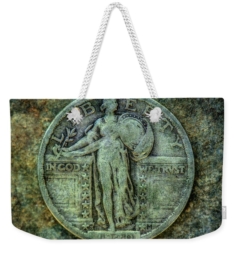 Old Silver Coin Weekender Tote Bag featuring the digital art Standing Libery Quarter Obverse by Randy Steele