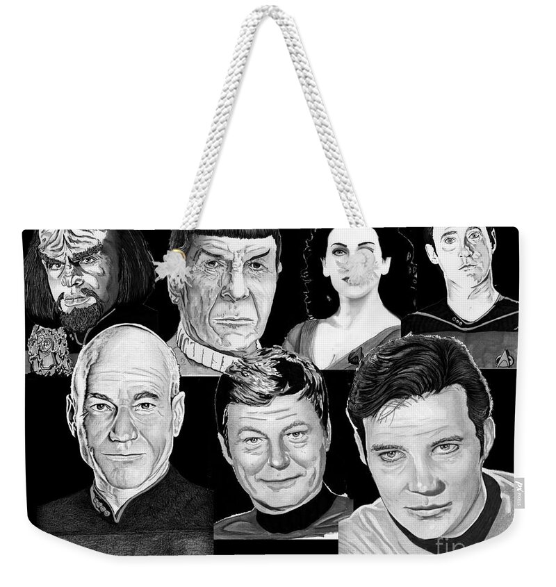 Star Weekender Tote Bag featuring the drawing Star Trek Crew by Bill Richards