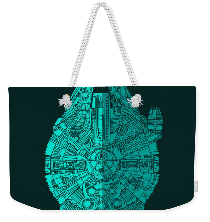 Millennium Weekender Tote Bag featuring the mixed media Star Wars Art - Millennium Falcon - Blue 02 by Studio Grafiikka