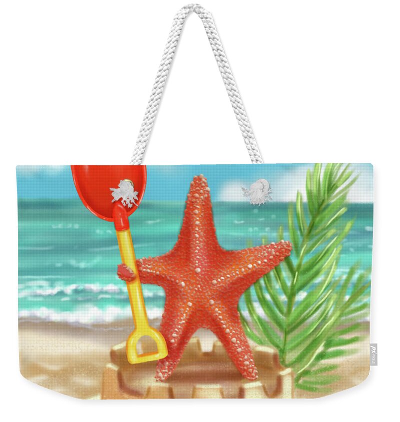 Starfish Weekender Tote Bag featuring the mixed media Starfish makes a Sandcastle by Shari Warren