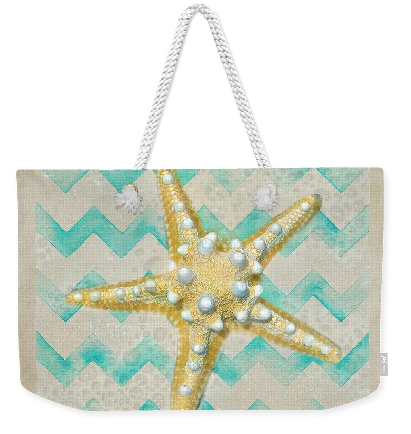 Knobby Starfish Weekender Tote Bag featuring the photograph Starfish In Modern Waves by Sandi OReilly