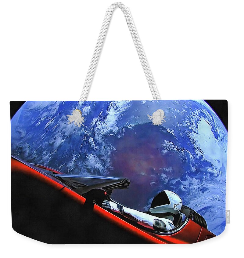 Starman Weekender Tote Bag featuring the photograph Starman in Tesla with planet earth by SpaceX